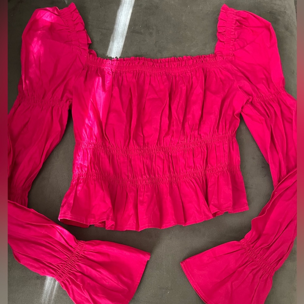 Ladies hot pink ruffled holiday top "And Now This".